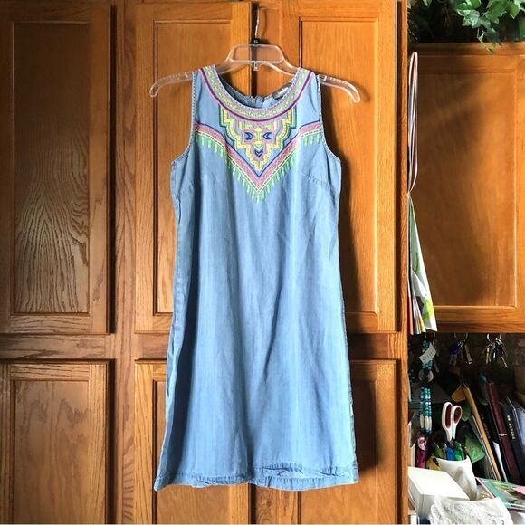 Neiman Marcus Native Embroidered Chambray Sleeveless Mini Dress - 4 - Picture 2 of 12